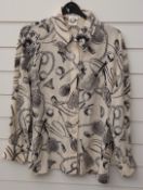 Vintage Escade silk blouse with golf and tennis decoration and mother of pearl buttons, size 40