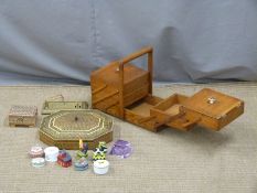 A collection of enamel animal trinket boxes together with a vizagapatam inlaid desk set