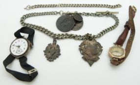 A 9ct gold watch, silver watch, two silver fobs, silver plated Albert and a silver bracelet