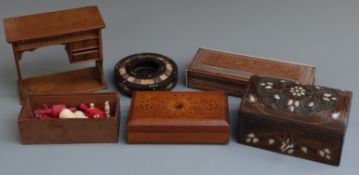 19thC turned ivory part chess set, height of king 9cm, Indian inlaid and carved boxes, miniature