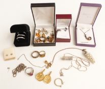 A collection of silver jewellery including rings, necklace, earrings, cufflinks etc