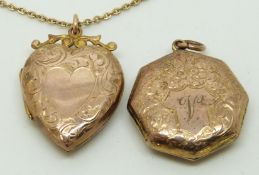 Victorian yellow metal heart shaped locket with engraved decoration and a 9ct gold chain and a