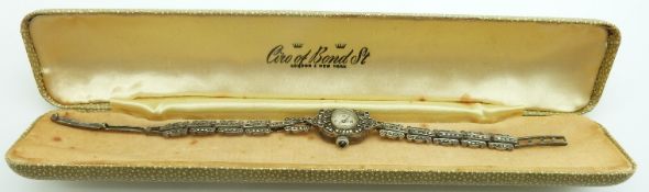 A silver watch set with marcasite in original Ciro of Bond Street box