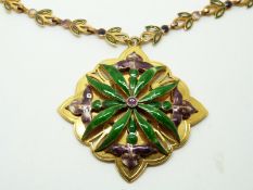 A 9ct gold bespoke necklace set with purple and green enamel, in original box with original coloured