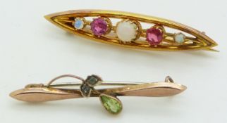 A 9ct gold brooch set with pink sapphire, paste and opals and a 9ct gold brooch set with paste, 2.
