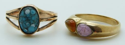 A 9ct gold ring set with citrine and amethyst and a 9ct gold ring, 8.0g