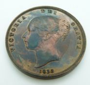 1853 Victoria young head copper penny, OT some lustre, DEF far colon, EF-Unc
