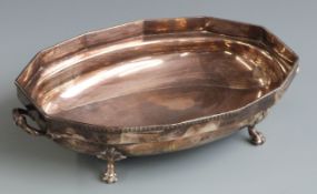 Art Deco hallmarked silver twin handled oval bowl or serving dish raised on four paw feet,