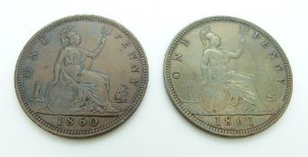 Victoria 1860 young head penny TB, LCW under shield LC Wyon under bust obverse, together with an