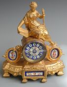 Japy Freres gilt figural mantel clock with painted porcelain dial and panels, 31cm tall