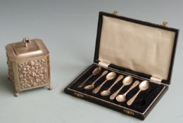Seven hallmarked silver teaspoons in case, 48g together with an embossed plated tea caddy.