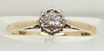 A 9ct gold ring set with a round cut diamond measuring approximately 0.2ct, 1.6g, size K
