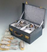 Hallmarked silver mounted dressing table items comprising five brushes, six hallmarked silver topped