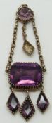 Georgian white metal/ rose metal pendant set with foiled amethyst and seed pearls, length 6.5cm