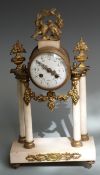 Early 20thC French 'Four Pillar' mantel clock, the brass drum case mounted on white marble with