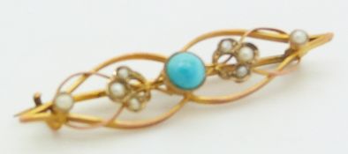 Edwardian 9ct gold brooch set with a turquoise cabochon and seed pearls, 1.8g