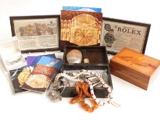 Collection of jewellery including Roman watch, silver ring, silver pill box, amber necklace, Rolex