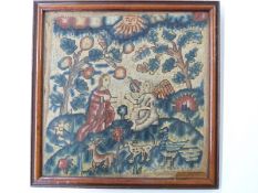 17thC tapestry/embroidery of Adam and Eve in the Garden of Eden, label verso dated 1931 states