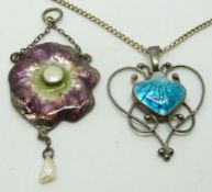 Arts & Crafts pendant set with enamel and pearls, 5 x 2.5cm and a Newlyn enamel Arts and Crafts
