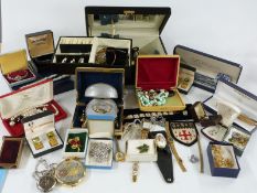 A collection of costume jewellery including beads, Waterman pen, silver necklace, cufflinks,