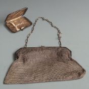 White metal mesh purse marked Argentor, width 18cm together with a white metal filigree purse,