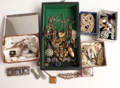 A collection of costume jewellery including cufflinks, Victorian brooches, silver cheroot holder,
