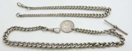 Two hallmarked graduated silver Alberts/ watch chains, one with coin fob