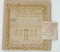 Oakridge Sunday School sampler dated 1872 together with France Lynch School stitching by Alice