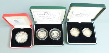 1997 Royal Mint silver proof cased coins comprising 1997-98, set of two £1 coins, a set of two 50p