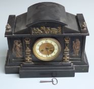 19thC slate mantel clock with Greek-style embellishments to case, the Arabic ivory coloured