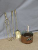 Large twin handled 19th century copper pan or bowl width 36cm, further copper pan and a set of