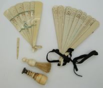 Victorian seal with ivory handle, approximately 7cm tall, two pierced fans, a bone handled brush and