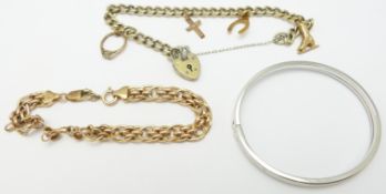 A silver gilt bracelet with four 9ct gold charms, 9ct gold bracelet and a 9ct white gold bangle,