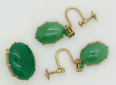 A pair of 18ct gold earrings set with two jade cabochons to each and 9ct gold brooch set with agate