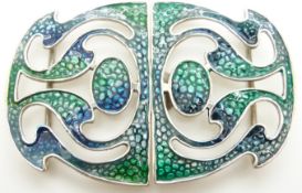 A silver Arts & Crafts style buckle set with green and blue enamel