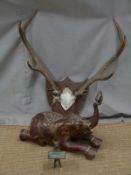 Decorative elephant length 50cm, novelty bronze or similar fox holding a tray and a set of antlers