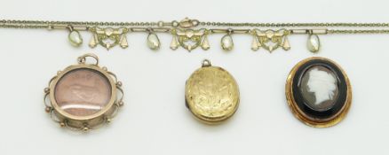 A 9ct gold locket (3g), Victorian locket, 9ct gold brooch set with a cameo and a rolled gold