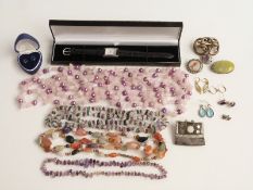 A collection of jewellery including earrings, agate necklaces, pinchbeck brooch, miniature brooch,