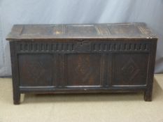 Antique oak panelled coffer with carved decoration and peg joints, W131 x D53 x H66cm