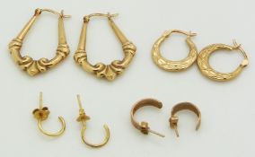 Three 9ct gold earrings (3.3g) and a pair of silver gilt earrings