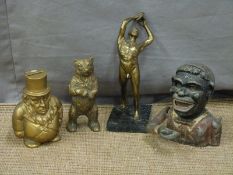 Bronze or similar figure of a discus thrower on marble plinth, height 23cm, and three novelty