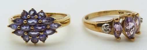 A 9ct gold ring set with tanzanites and a 9ct gold ring set with amethysts and diamonds, 5.2g
