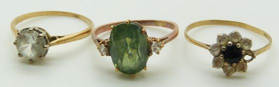 Three 9ct gold rings set with paste, 6.5g.