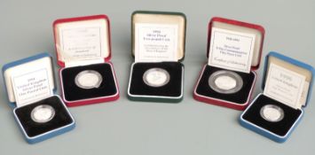 1994 and 1996 Royal Mint silver proof coins comprising Tercentenary £2, D-Day fifty pence, two UK