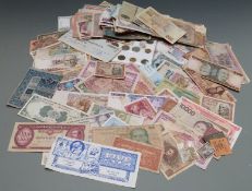 Over 260 used world banknotes etc, a few crisp, one consecutive pair, includes Germany, Russia,