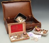 Vintage suitcase containing an amateur collection of overseas coinage, largely circa mid 20thC