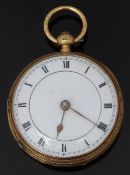 18ct gold open faced pocket watch with gold hands, black Roman numerals, stepped white enamel dial