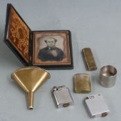 Victorian daguerreotype in carved fold cut frame with lined interior, Victorian brass wine funnel