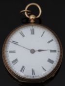 Continental 14ct gold open faced pocket watch with blued hands, black Roman numerals, white enamel