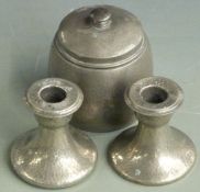 Tudric pewter Arts and Crafts hammered candlesticks, shape 01417 and a tobacco jar 01314, height